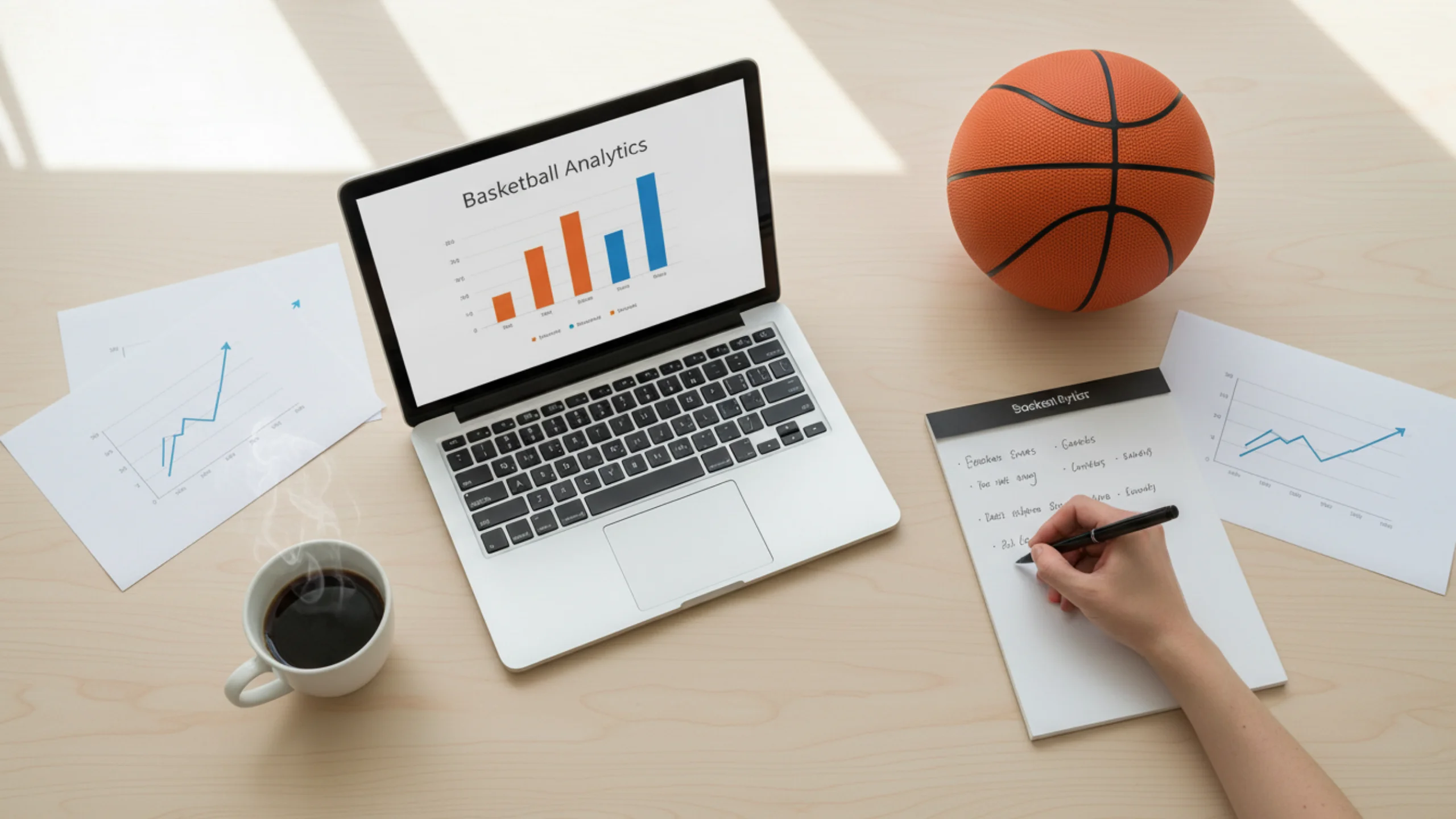 Postazione di lavoro con laptop e appunti per l'analisi statistica delle scommesse basket