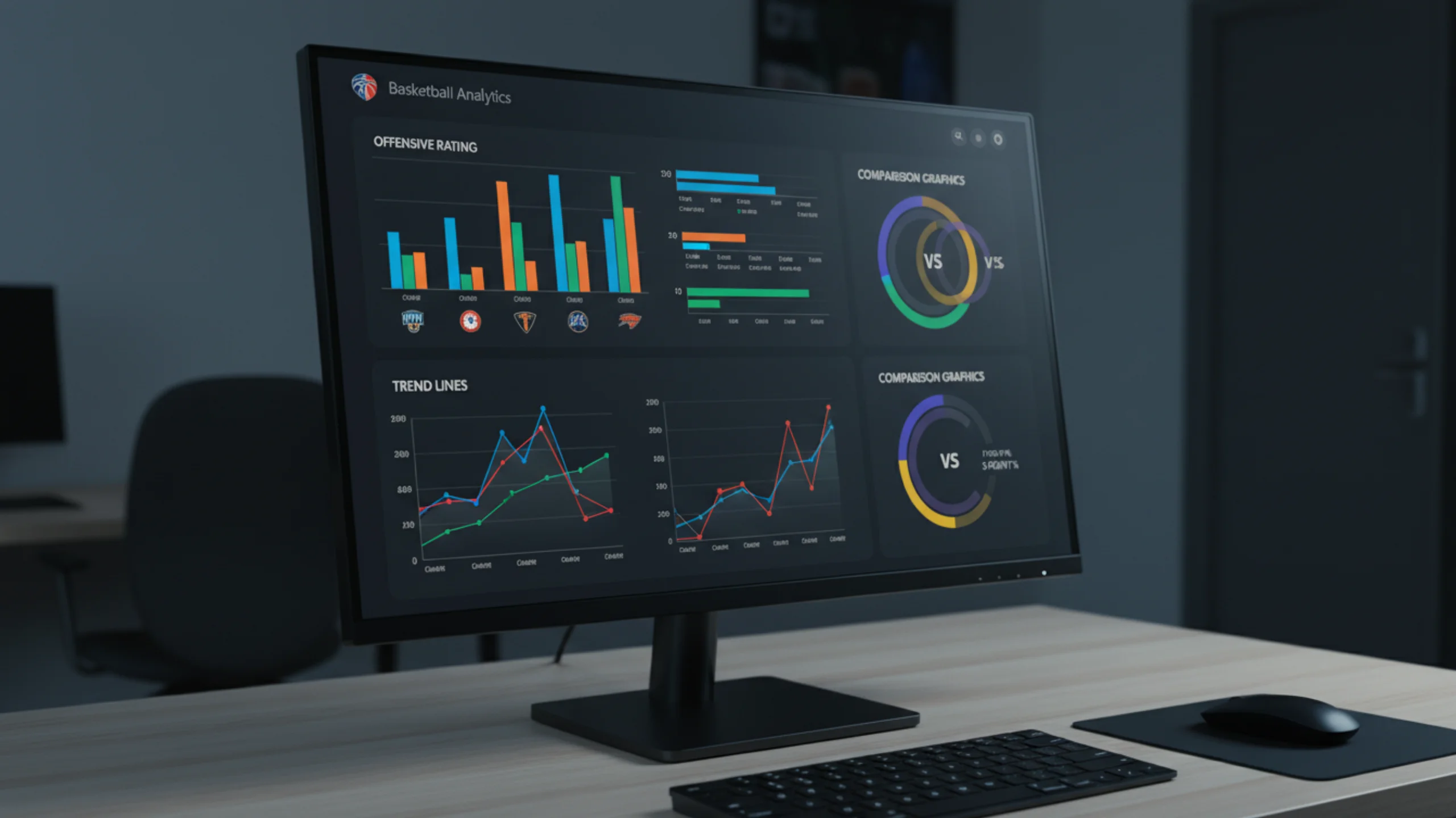 Schermo di computer che mostra grafici e statistiche di rendimento delle squadre di basket