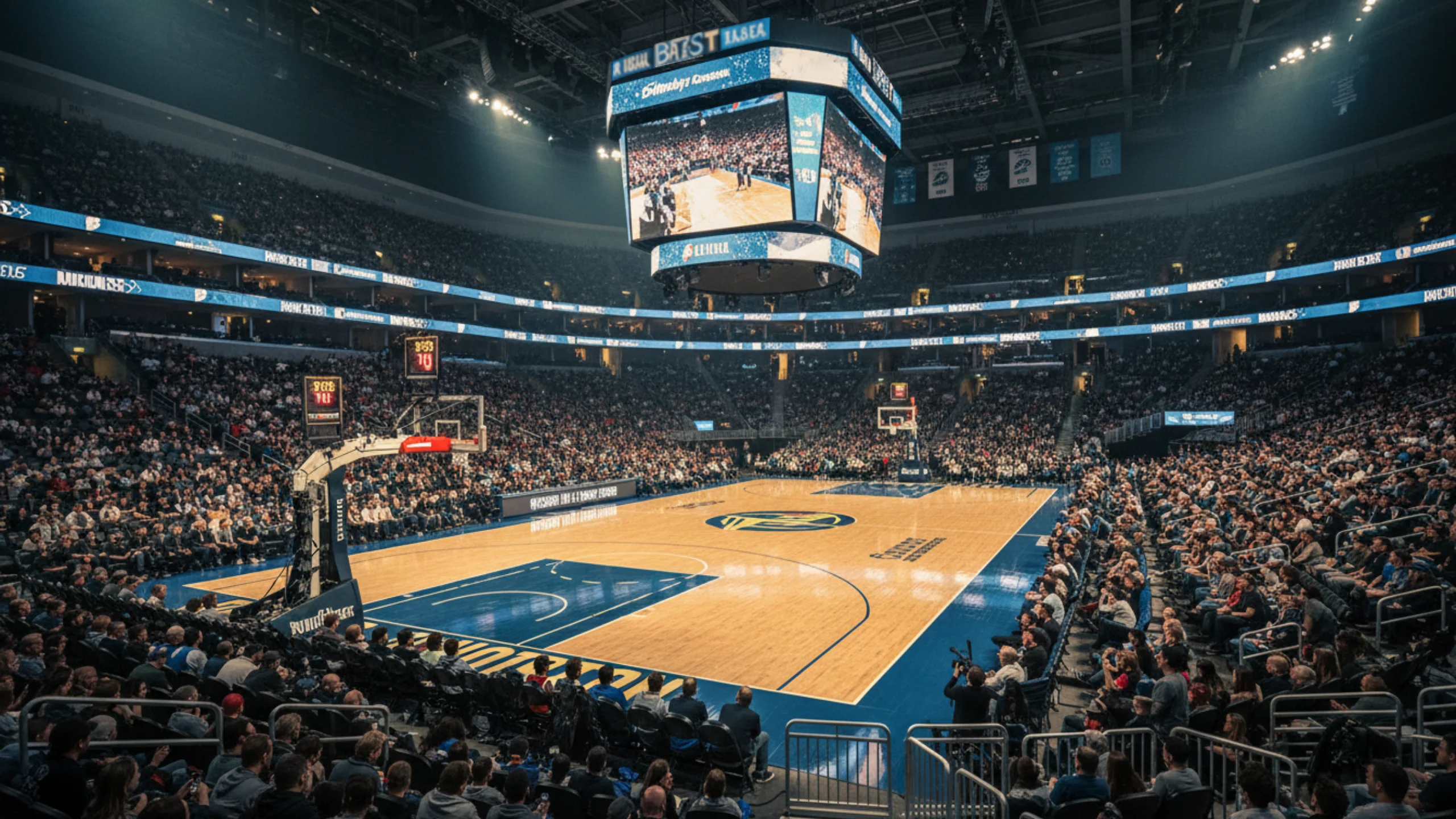Vista panoramica di un'arena NBA durante una partita con migliaia di tifosi