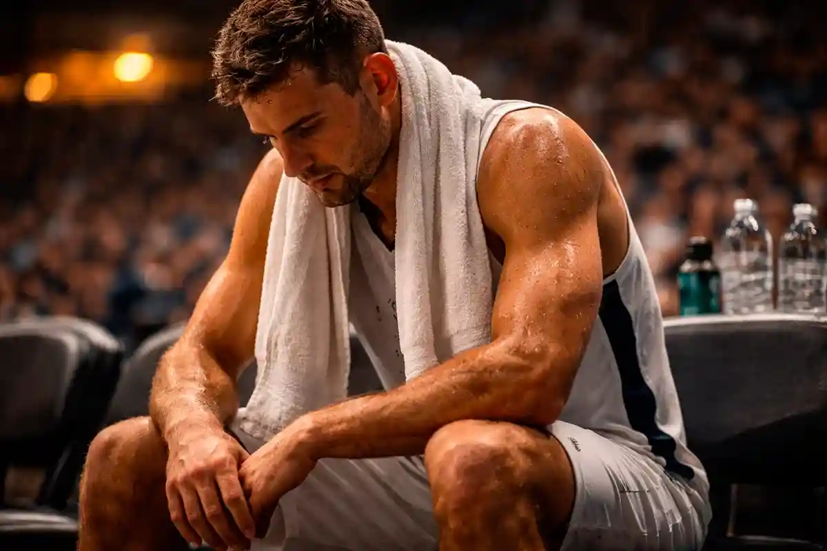 Giocatore NBA visibilmente stanco seduto in panchina con un asciugamano sulle spalle