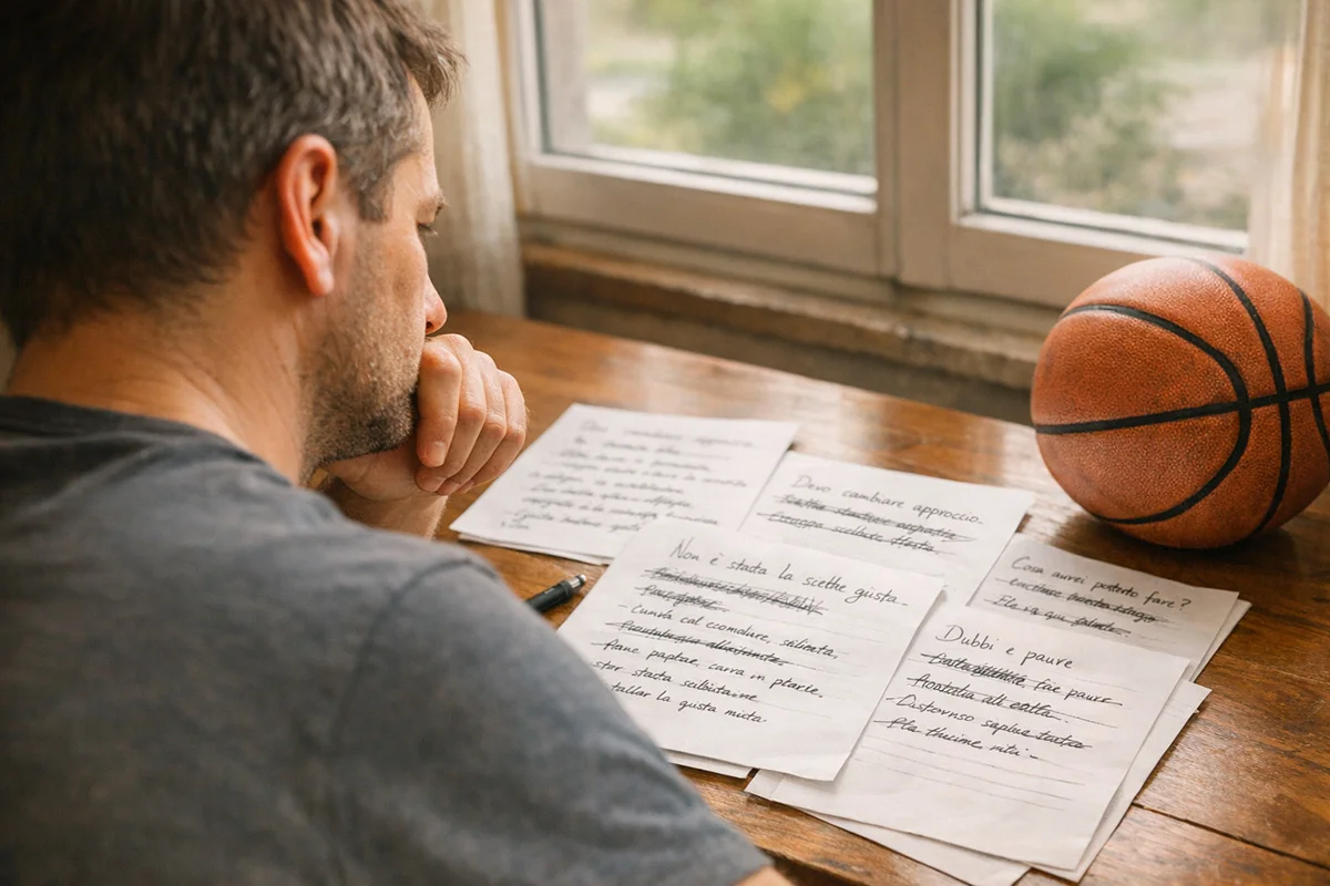 Persona pensierosa seduta a una scrivania con appunti e un pallone da basket, luce naturale laterale