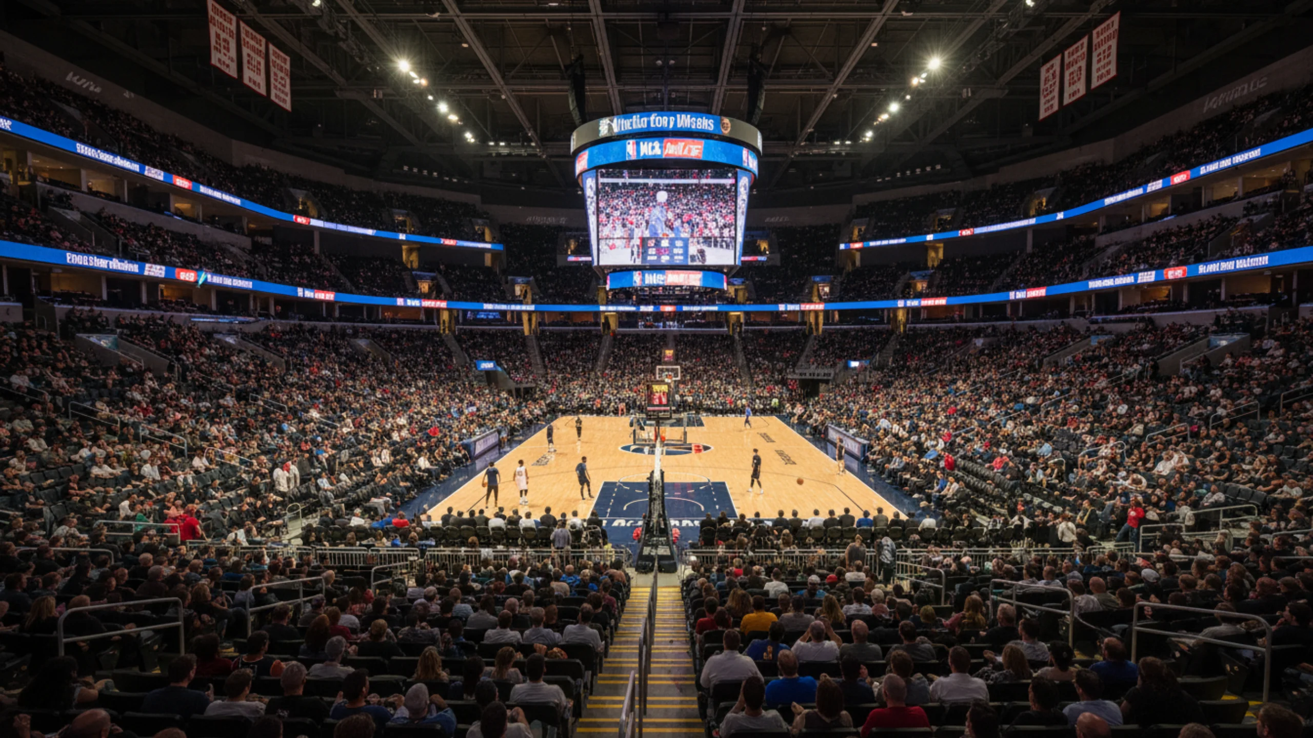 Arena NBA durante una partita di regular season con tabellone luminoso e pubblico sugli spalti
