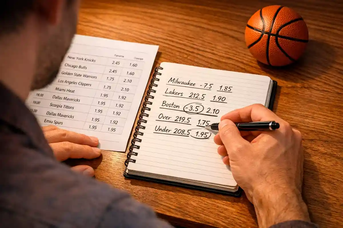Persona che studia le quote su un foglio di appunti accanto a un pallone da basket