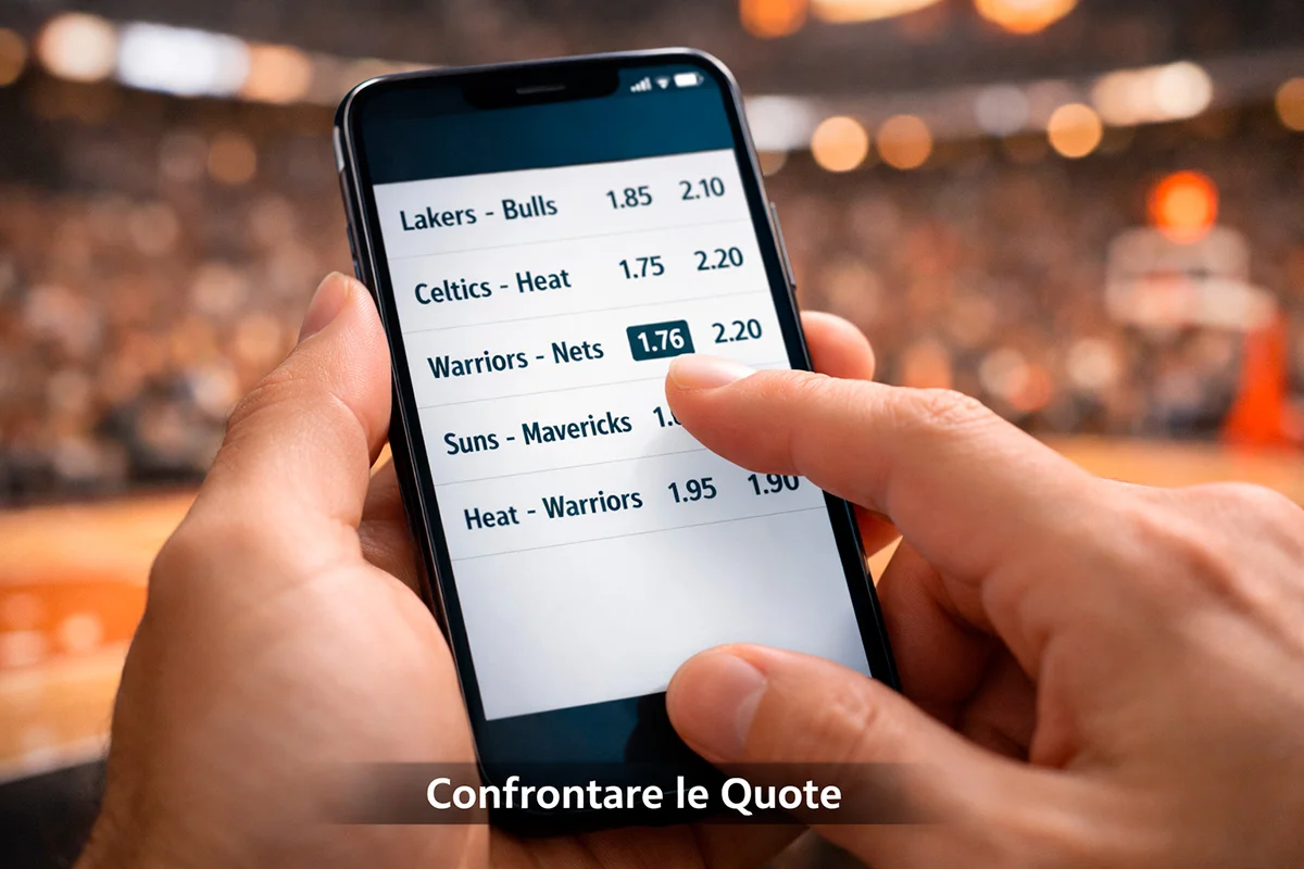 Primo piano di uno schermo con diverse quote di scommesse sportive sul basket