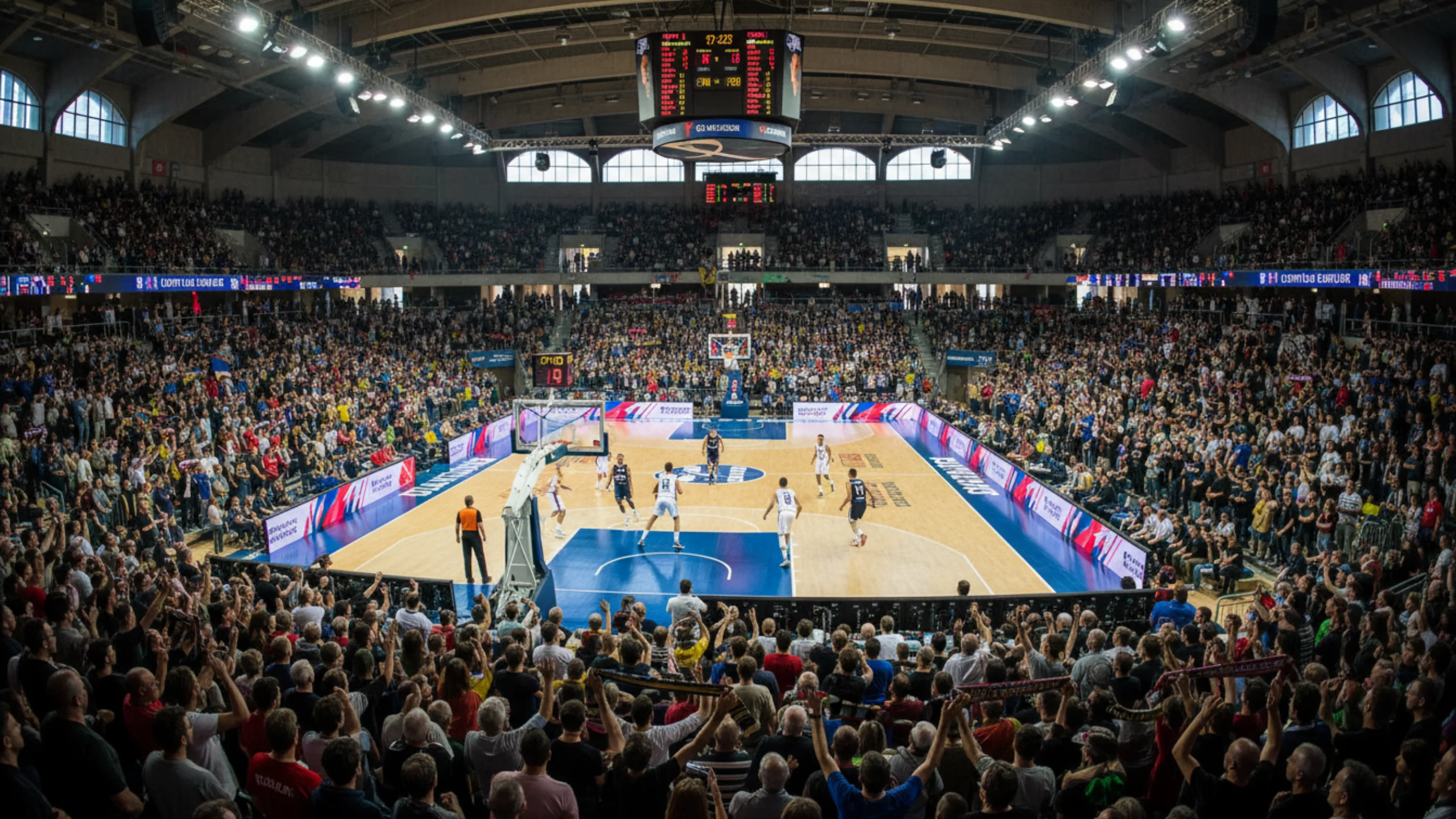 Arena di basket professionistica con pubblico durante una partita di campionato europeo