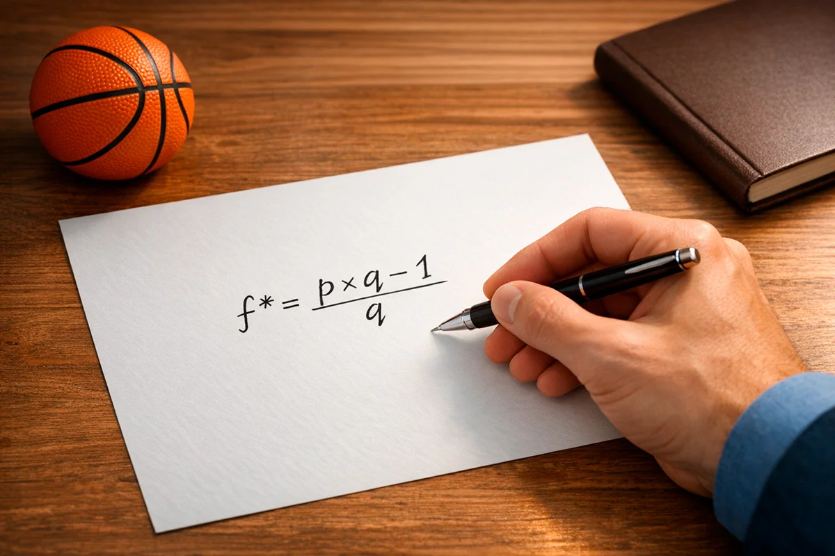 Mano che scrive una formula matematica su un foglio bianco accanto a un pallone da basket