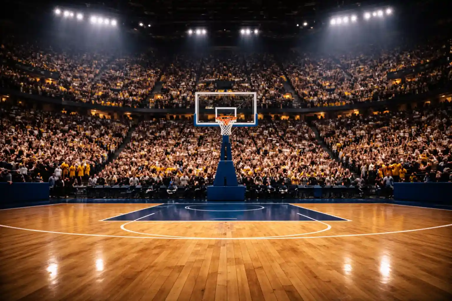 Panoramica di un palazzetto di basket gremito di tifosi visto dal campo da gioco