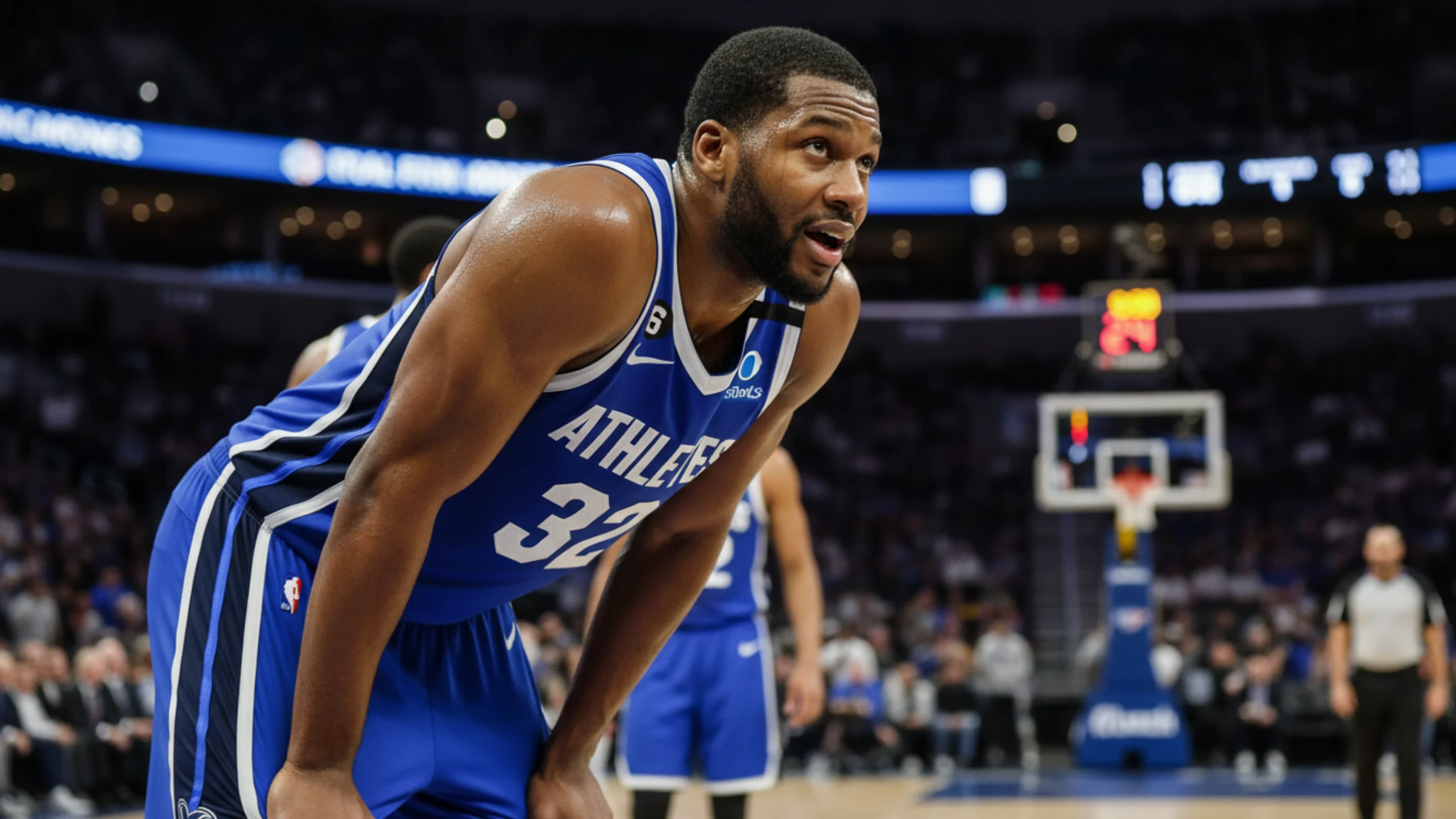 Giocatore NBA stanco durante una partita che mostra la fatica del back-to-back