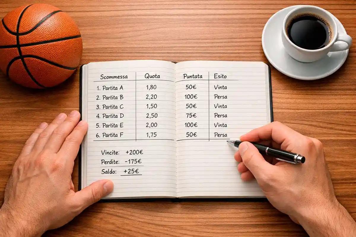 Persona che scrive appunti ordinati su un quaderno con colonne di numeri accanto a un pallone da basket