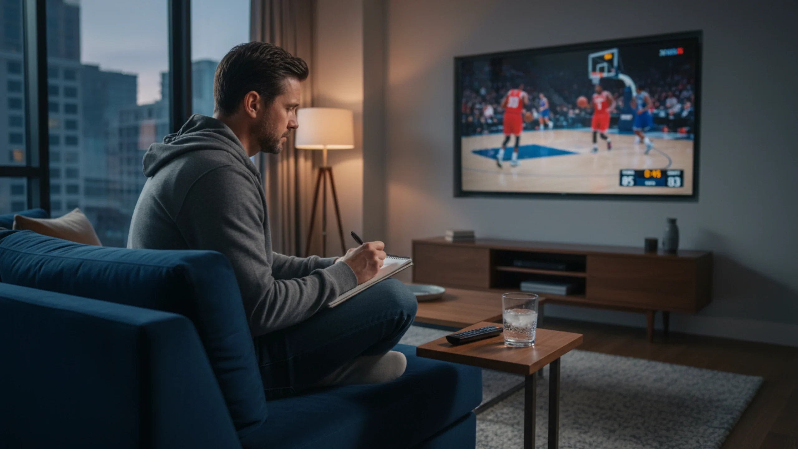 Persona concentrata che prende appunti mentre guarda una partita di basket su schermo