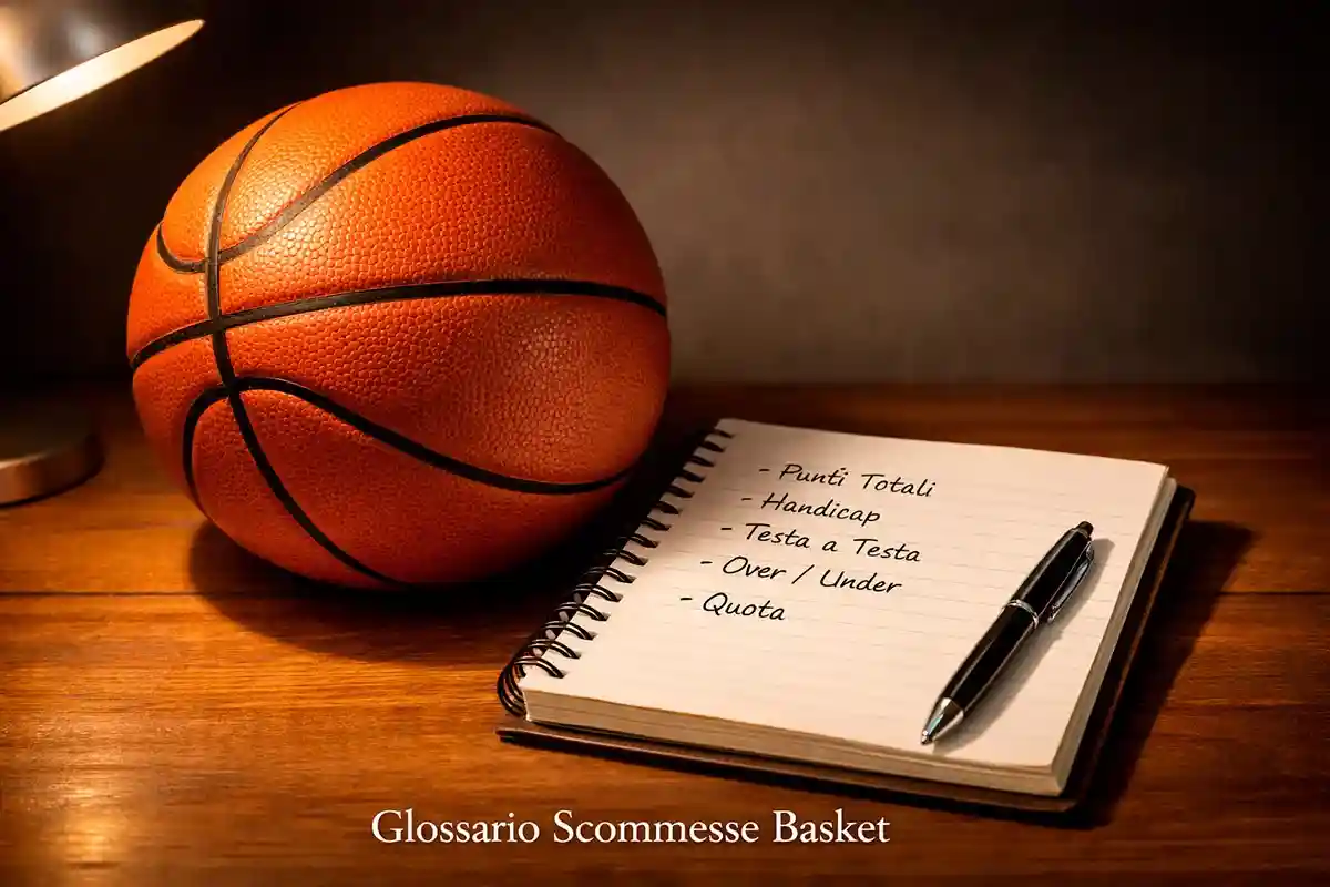 Pallone da basket appoggiato su un tavolo accanto a un blocco note aperto con appunti