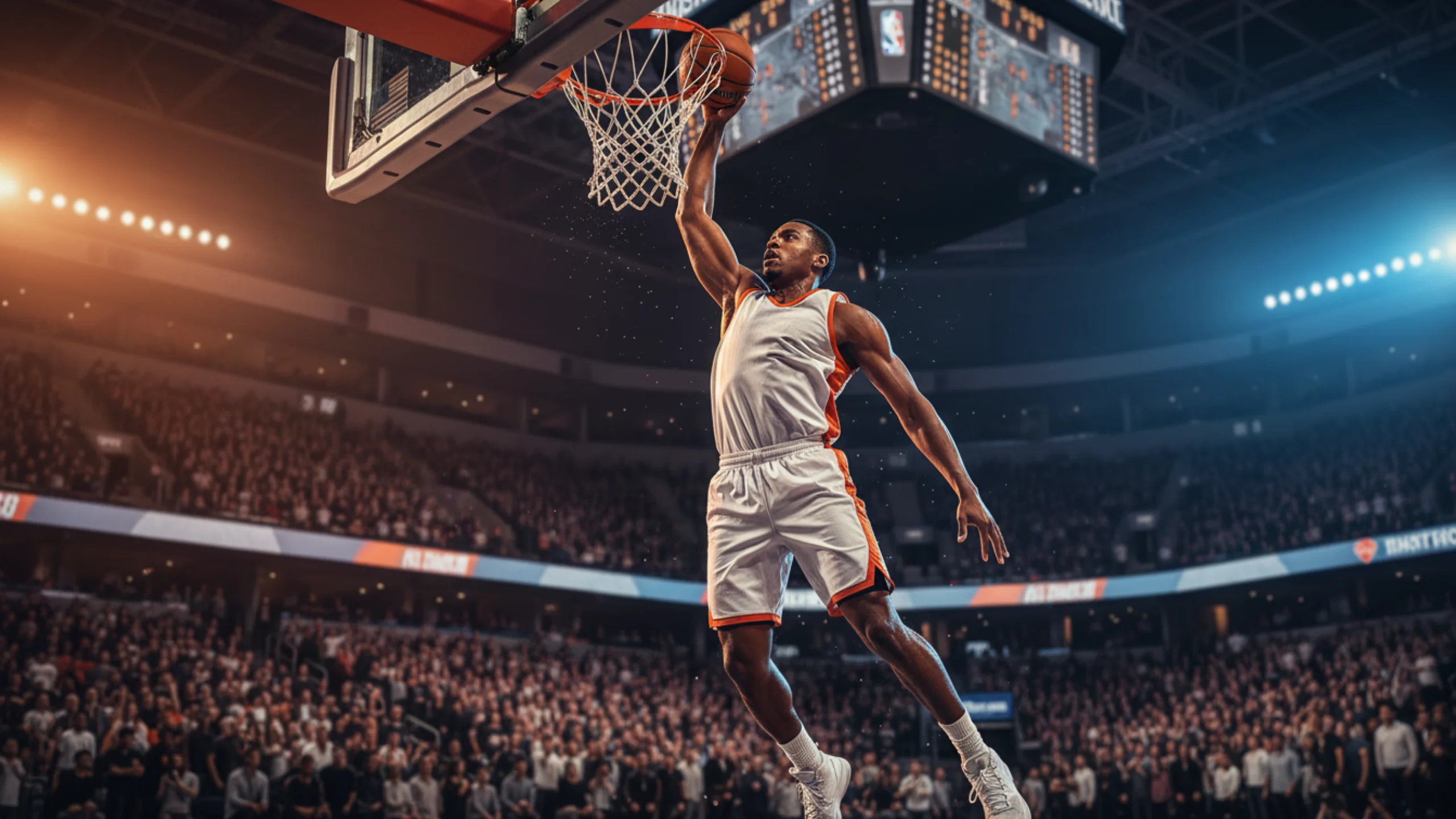 Giocatore di basket esegue una schiacciata spettacolare in un'arena moderna illuminata