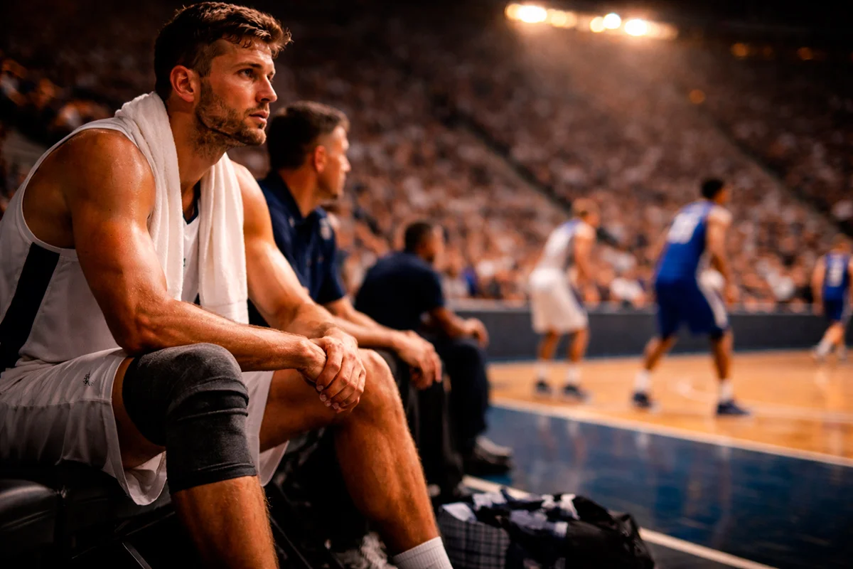 Giocatore di basket con fasciatura al ginocchio seduto a bordo campo durante una partita
