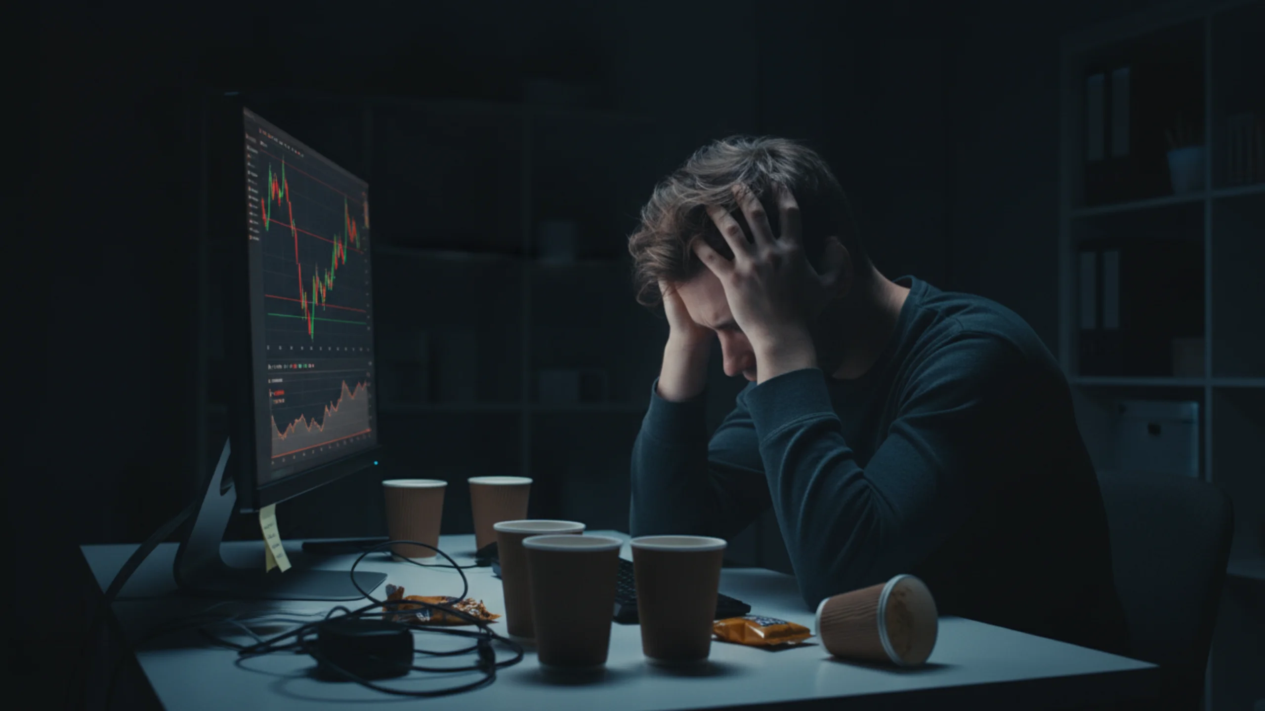 Persona frustrata seduta al buio davanti allo schermo del computer, che rappresenta lo stress delle perdite