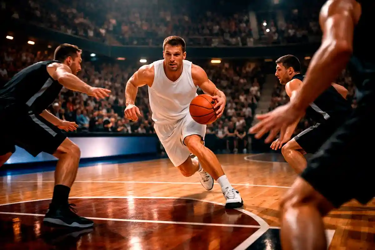 Azione di gioco in una partita di basket della Liga ACB in un palazzetto europeo