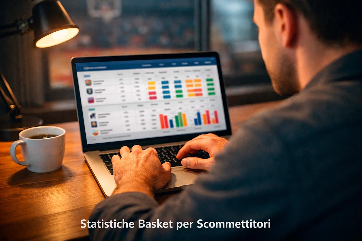 Persona che analizza statistiche di basket su un laptop con il campo da gioco sullo sfondo