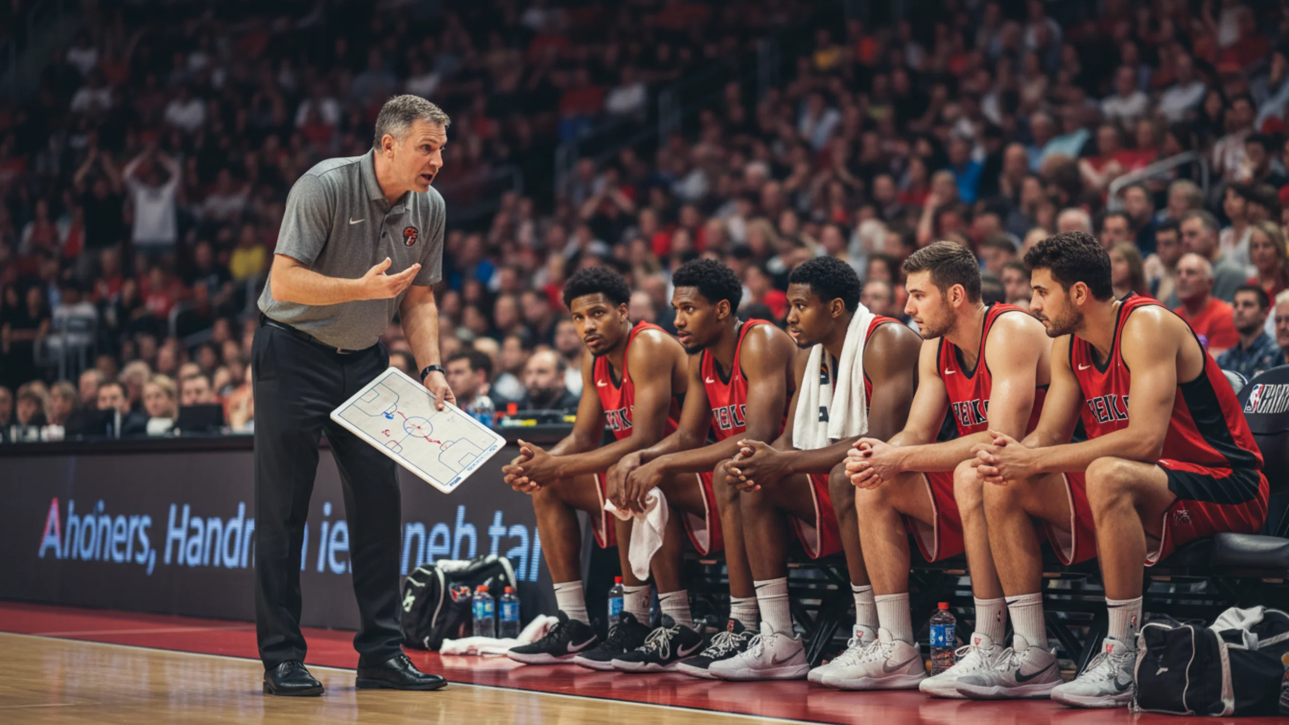 Allenatore di basket che da indicazioni tattiche alla squadra durante un timeout