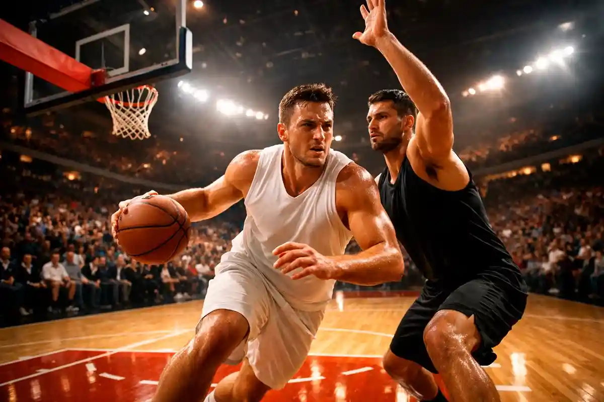 Giocatori NBA in azione durante una partita di playoff sotto i riflettori dell'arena