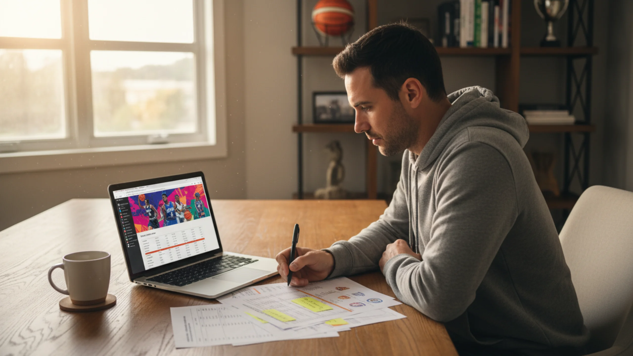 Appassionato di basket che studia statistiche e formazioni delle squadre prima della partita