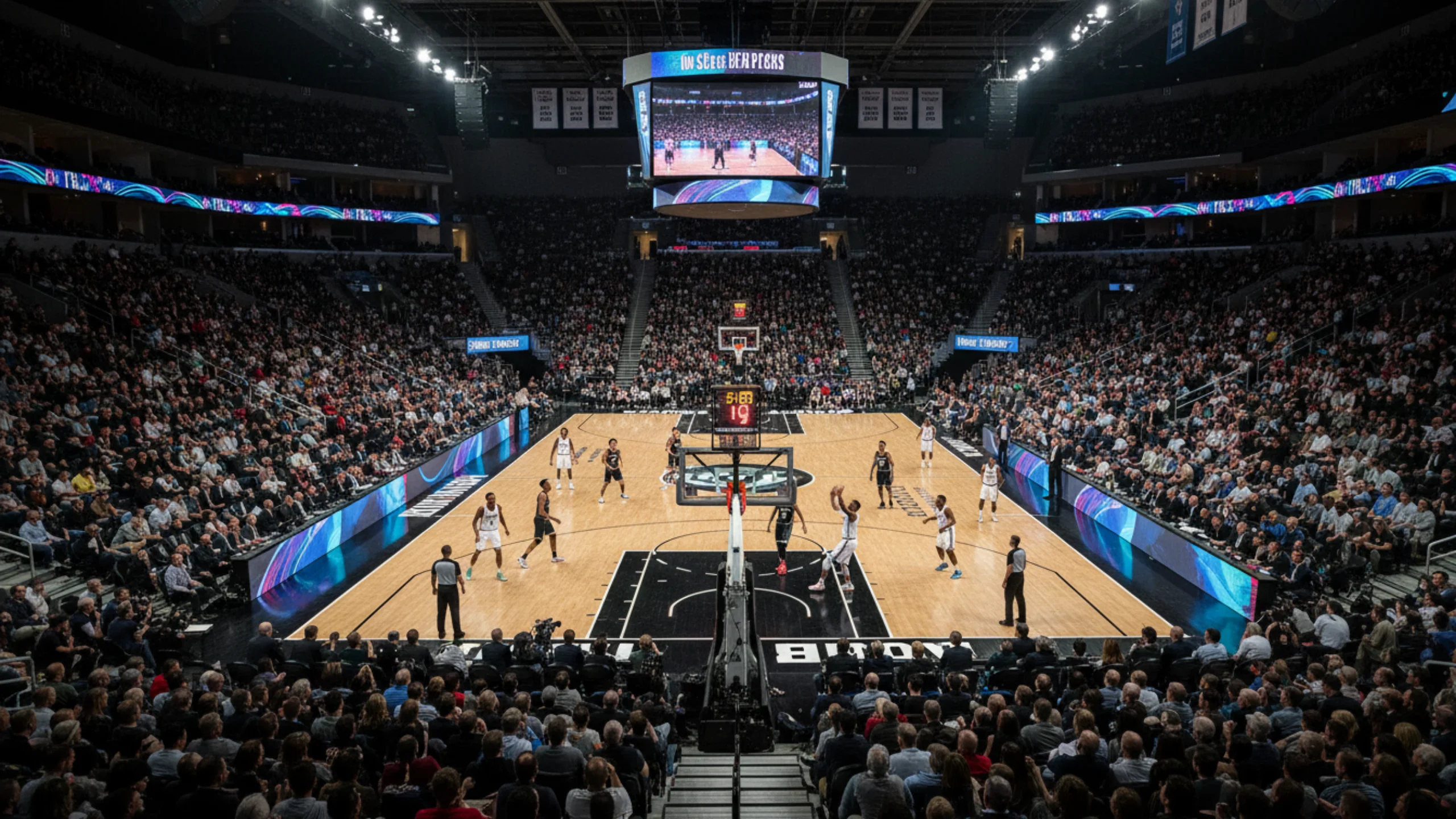 Partita di basket in corso con tabellone segnapunti visibile nell'arena