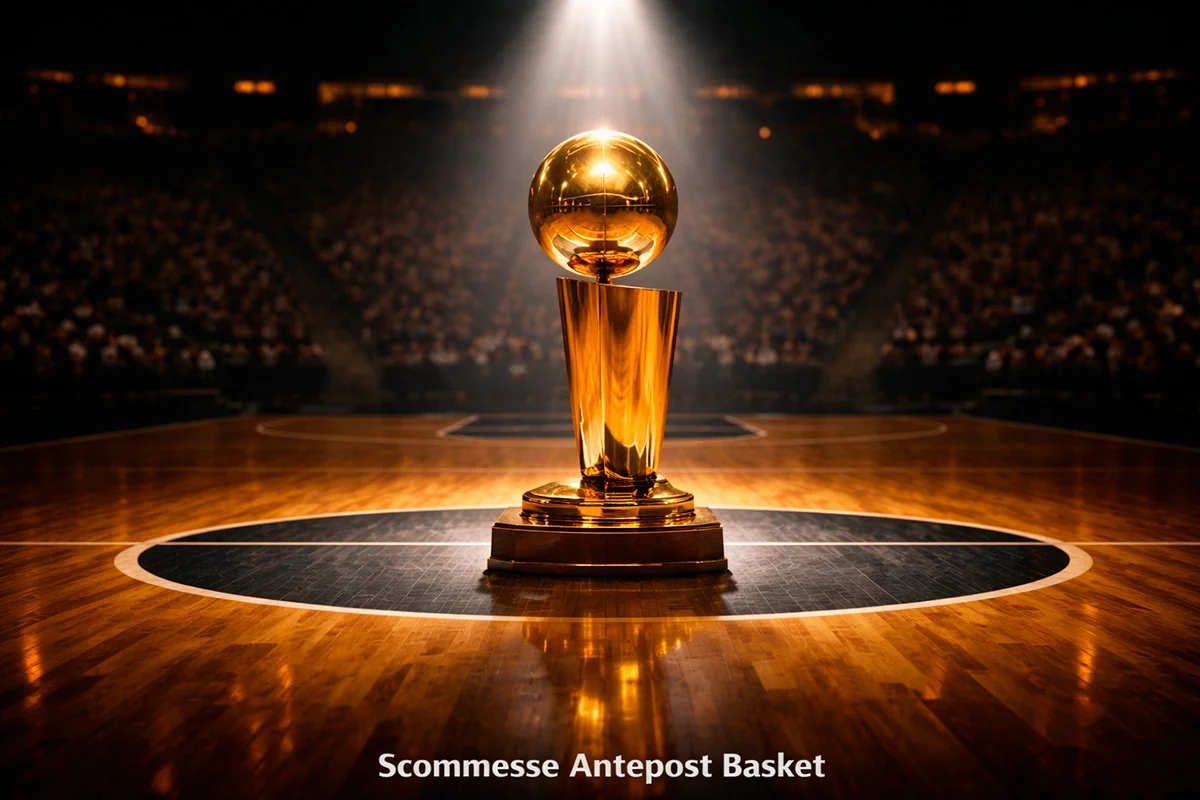 Trofeo del campionato NBA illuminato su un piedistallo in un palazzetto vuoto