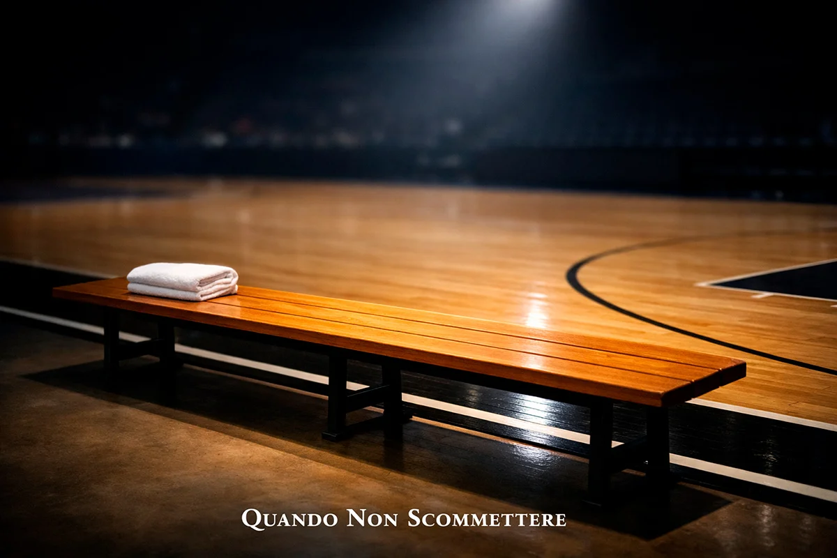 Panchina vuota a bordocampo in un palazzetto di basket con il campo illuminato sullo sfondo