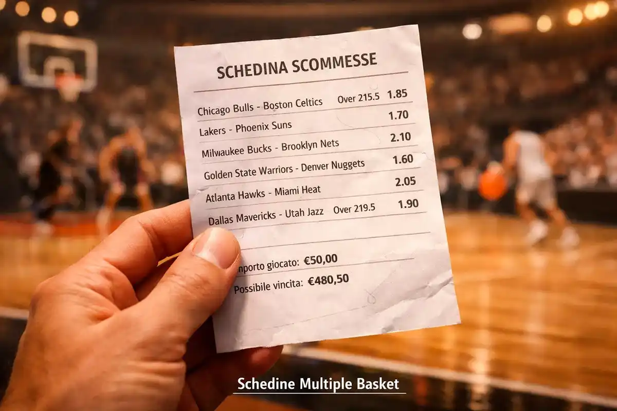 Mano che tiene un biglietto di scommesse sportive davanti a un campo da basket