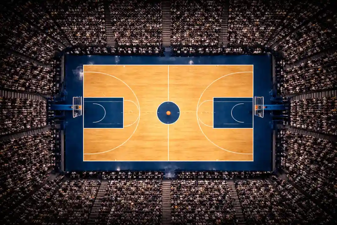 Palazzetto dello sport europeo durante una partita serale di coppa di basket