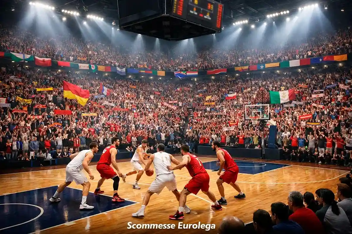 Partita di Eurolega in un palazzetto europeo gremito di tifosi con bandiere