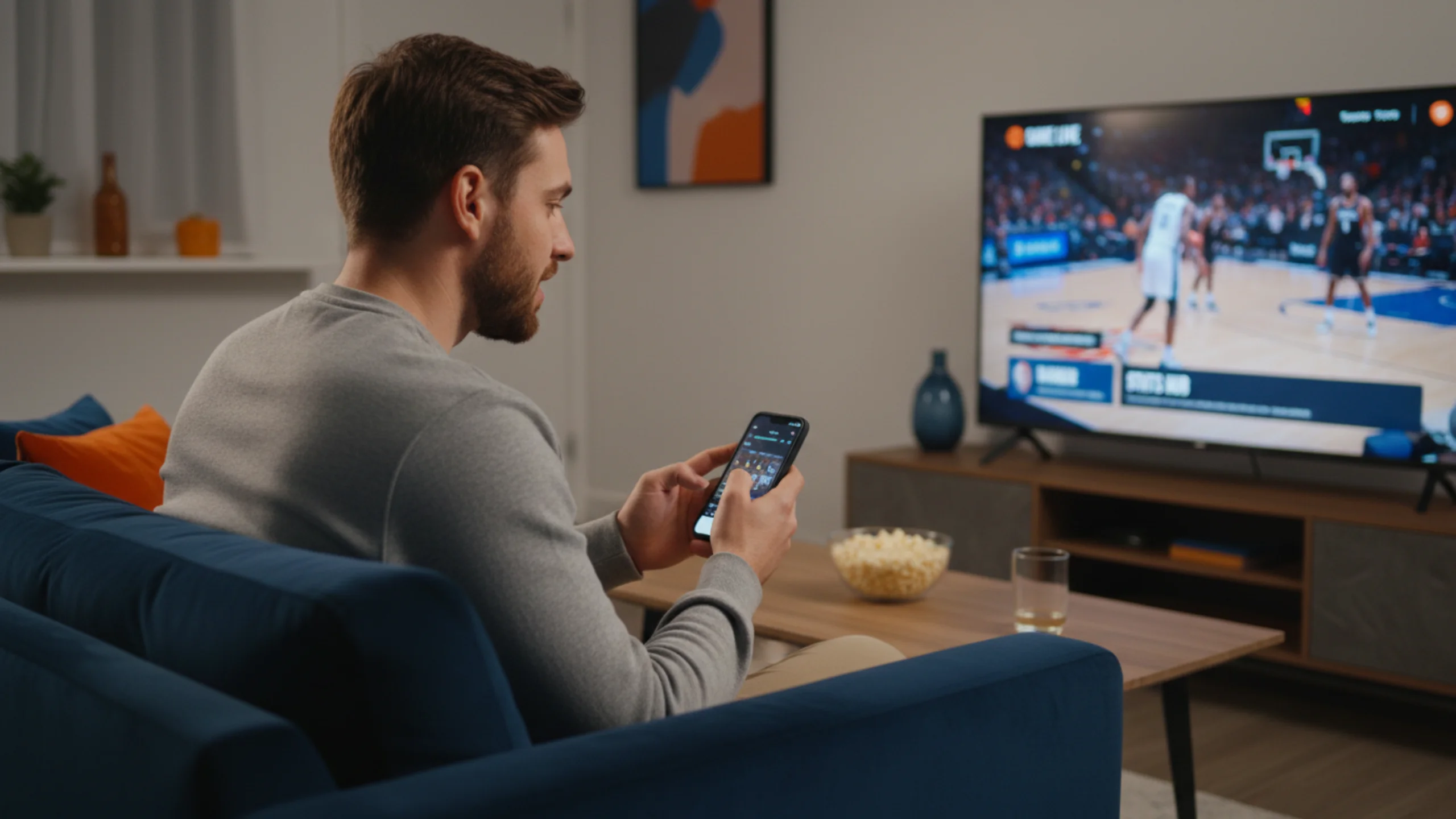 Giovane tifoso segue una partita di basket in TV mentre controlla le scommesse live sullo smartphone