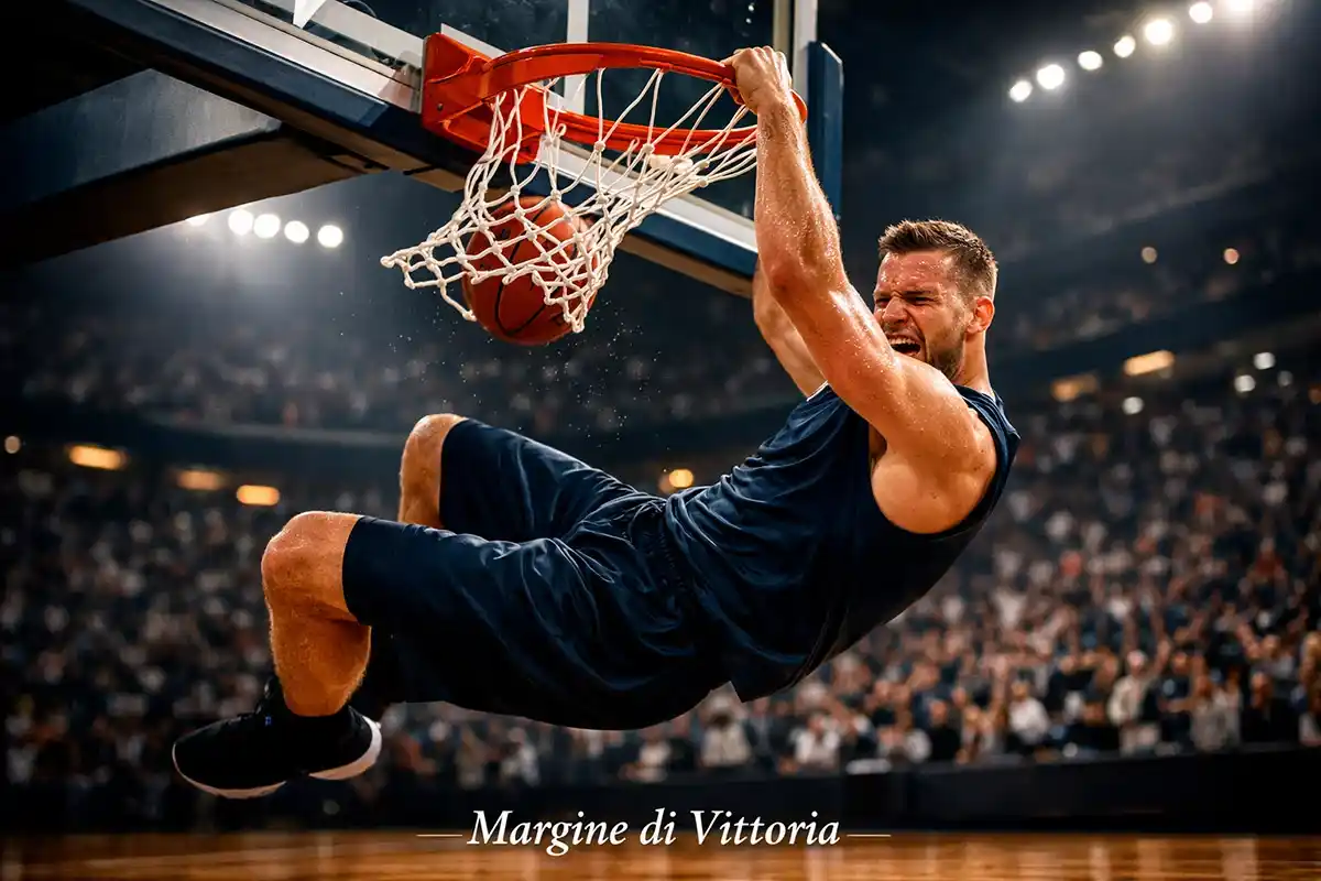 Giocatore di basket che esulta dopo una schiacciata durante una partita di NBA