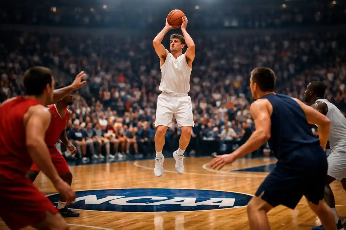 Partita di basket universitario NCAA in un palazzetto gremito durante il March Madness