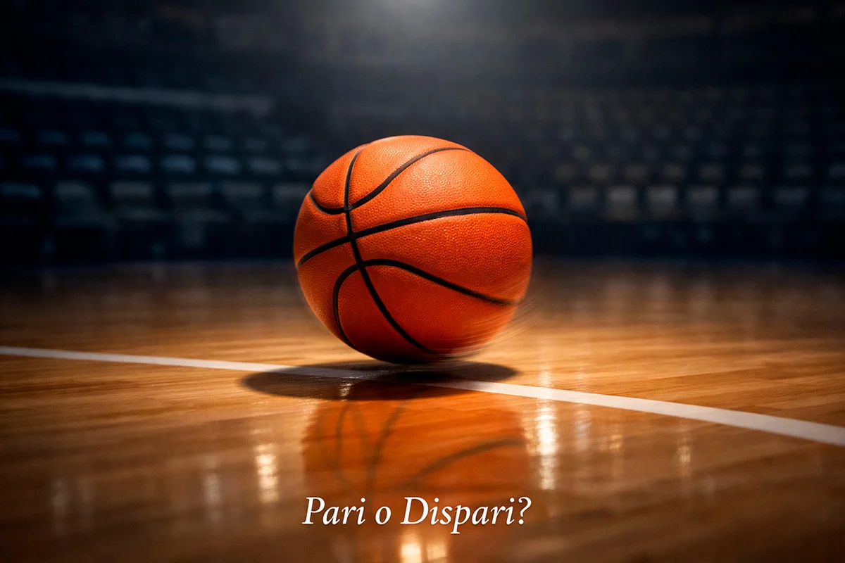 Pallone da basket che rimbalza sul parquet di un campo da gioco illuminato