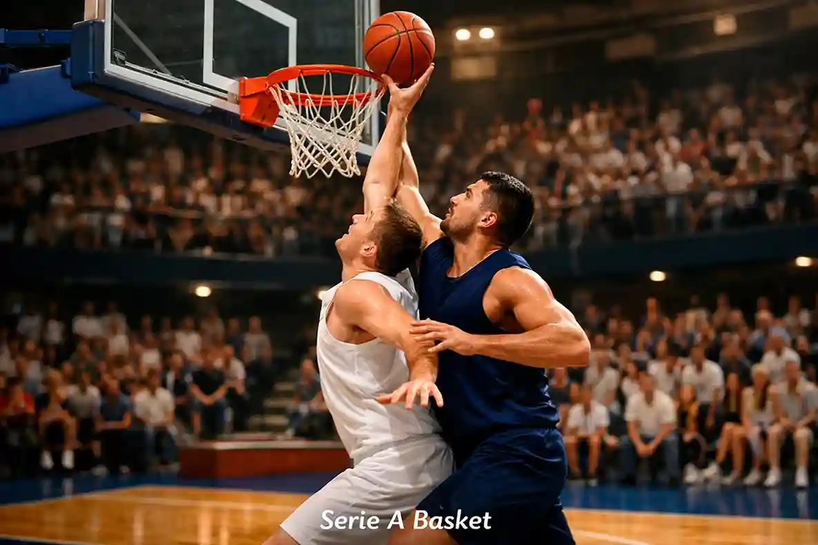 Azione di gioco sotto canestro durante una partita di Serie A di basket in Italia