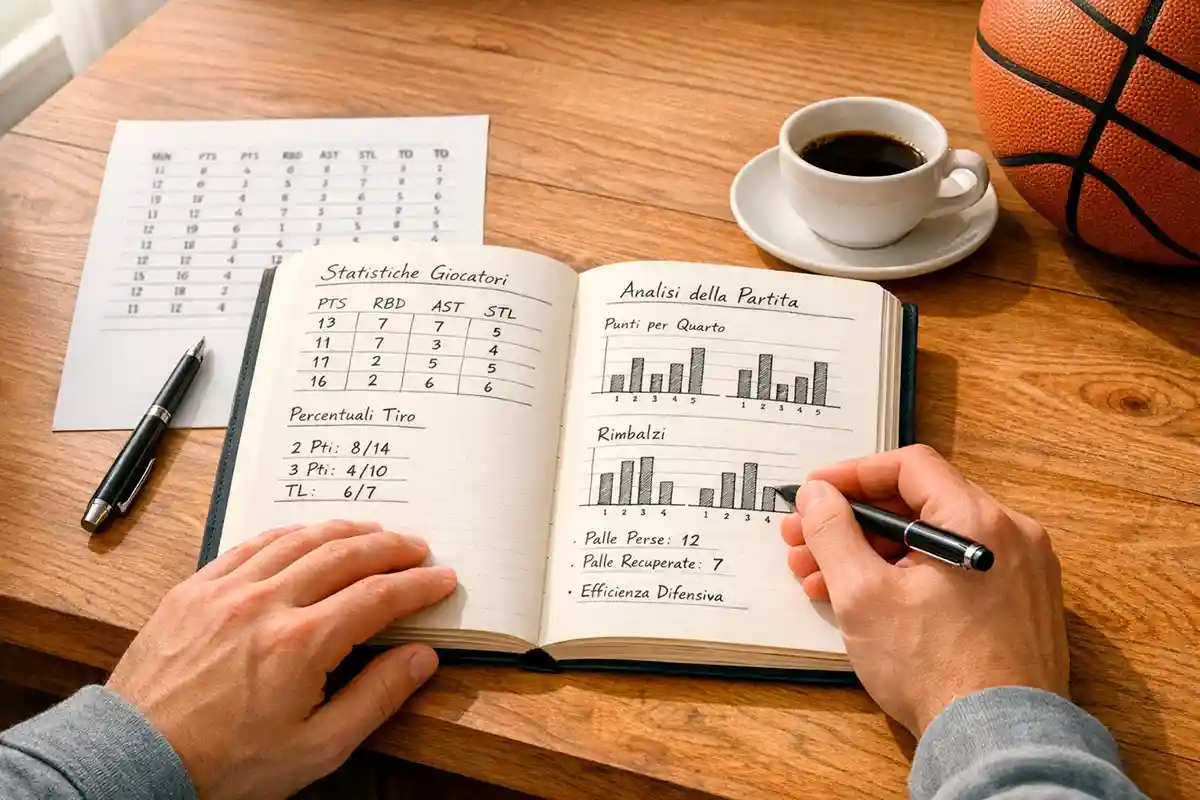 Persona che analizza dati e appunti su una scrivania con un quaderno di statistiche di basket