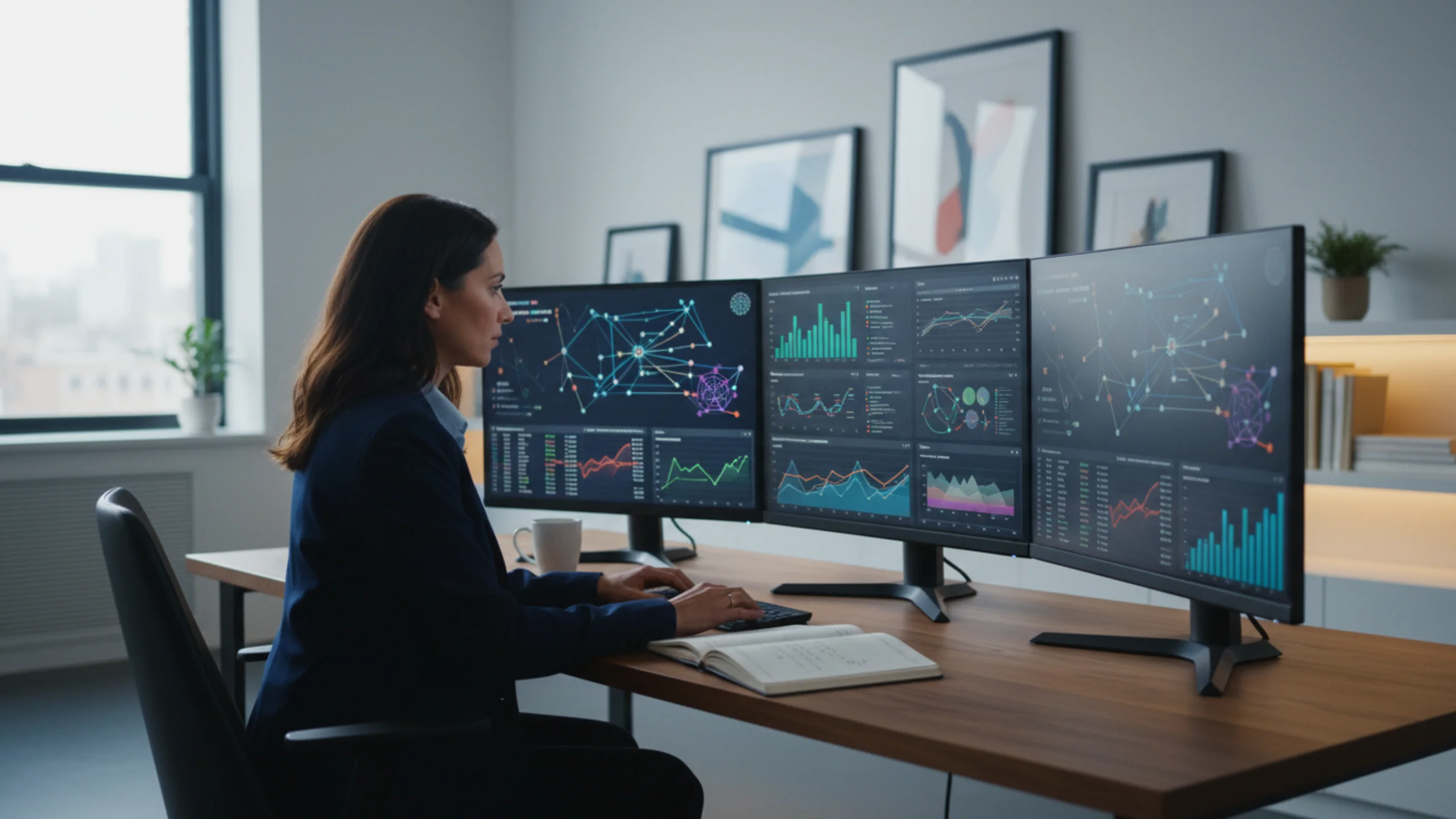 Analista sportivo che studia statistiche NBA su monitor multipli in ambiente professionale