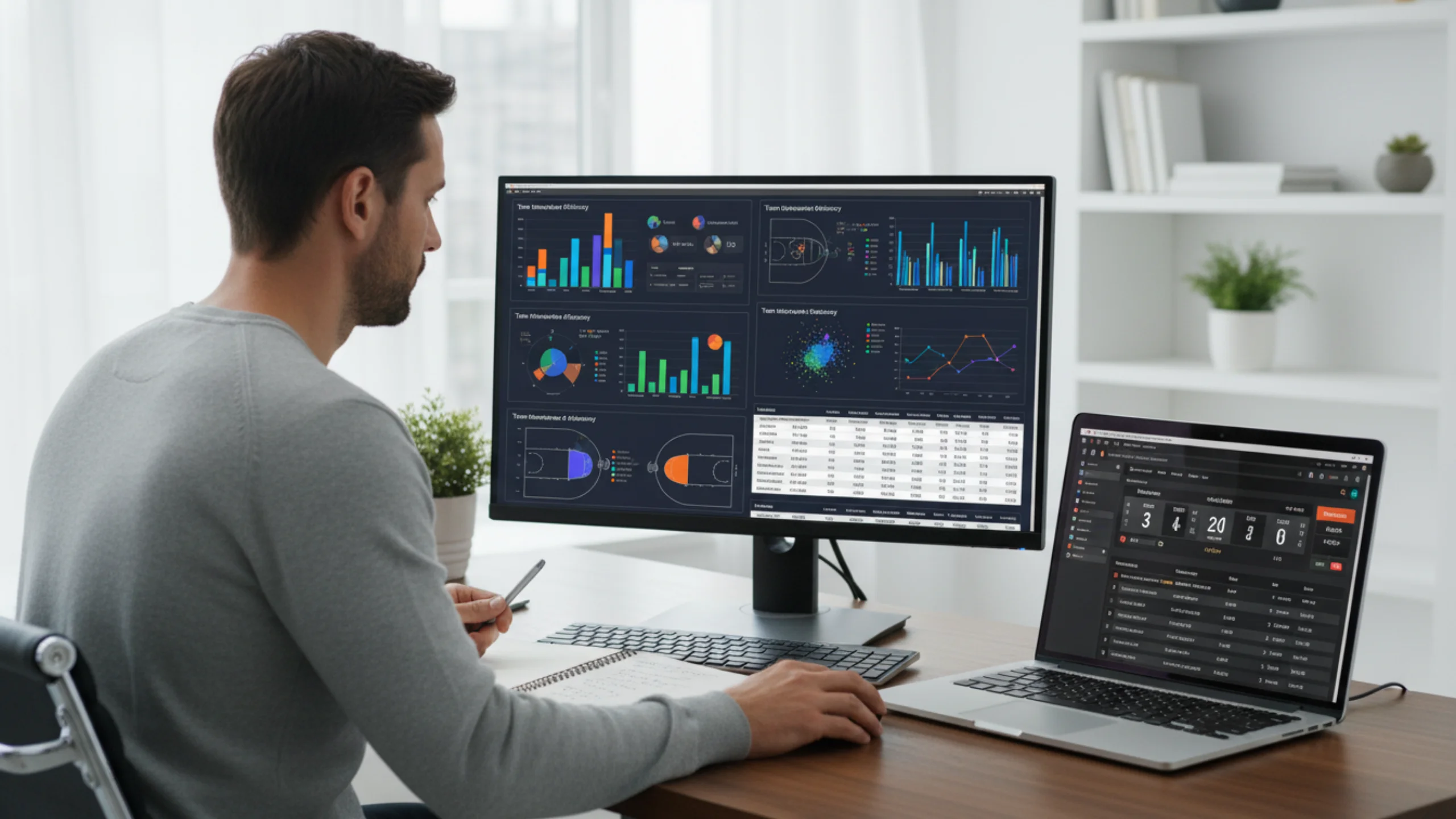 Analista sportivo che studia dati e statistiche di basket su computer