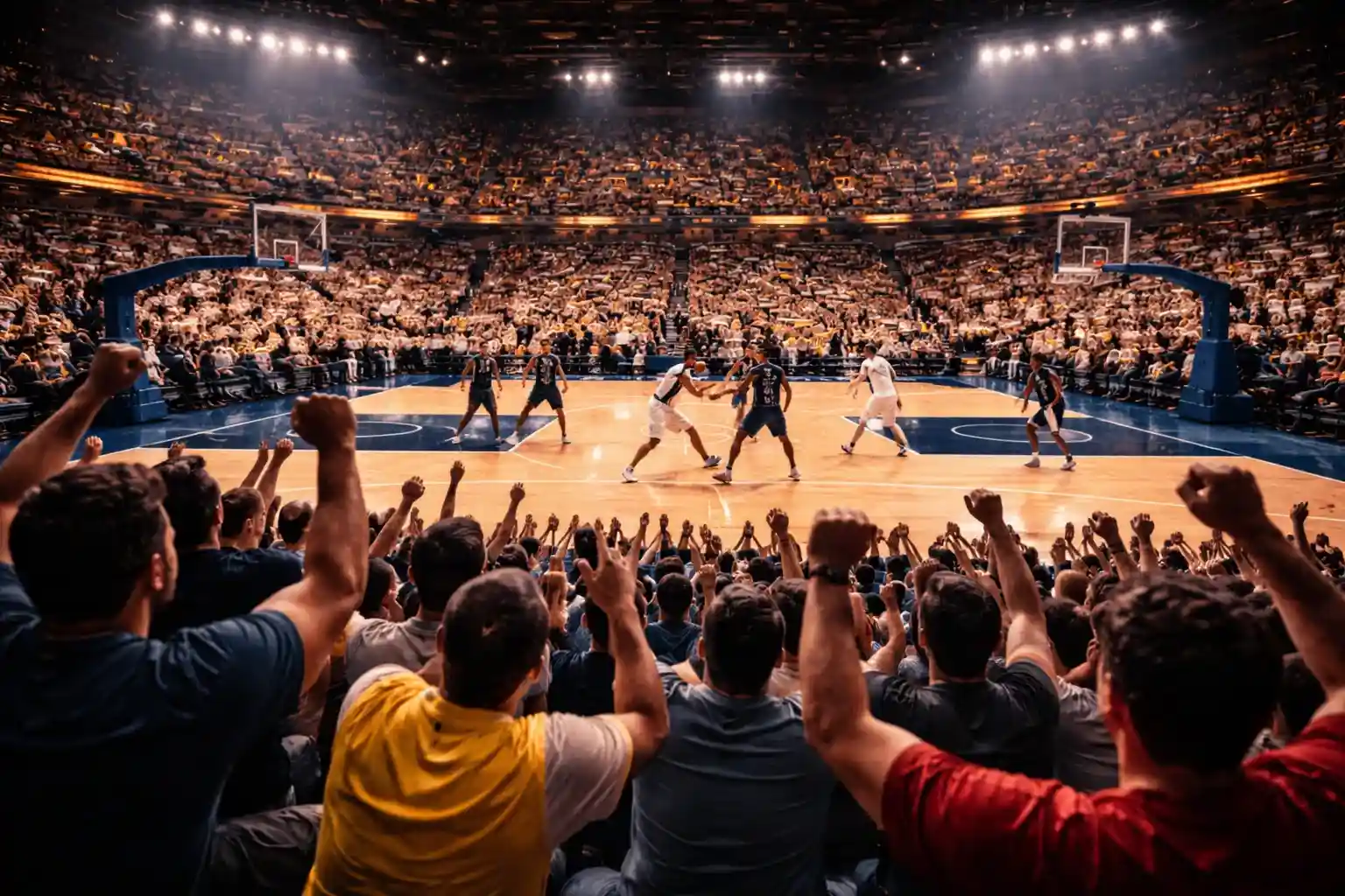 Tifosi in piedi che seguono con intensità una partita di basket NBA in un'arena illuminata