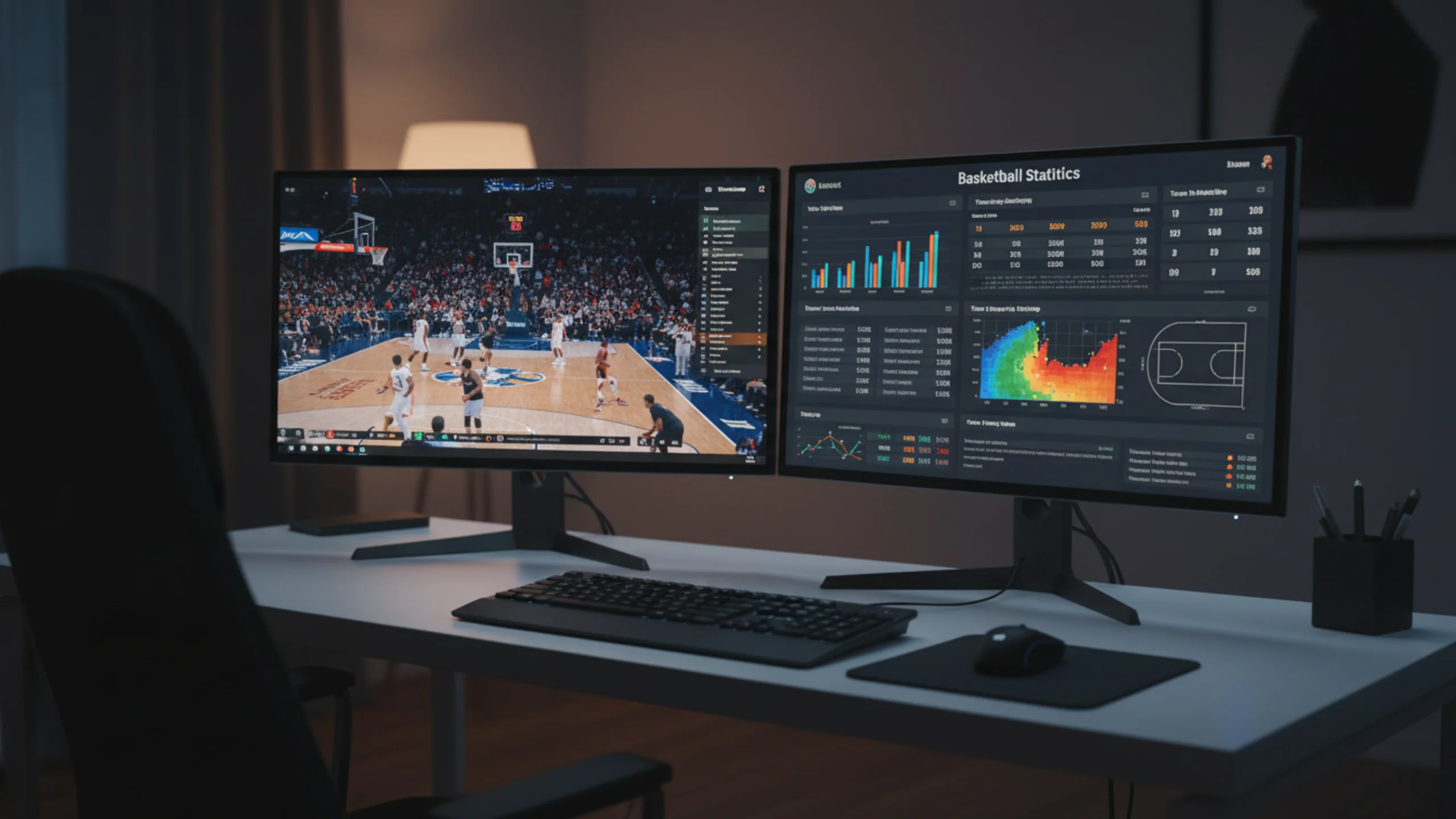 Setup con due schermi che mostrano partita di basket in streaming e statistiche in tempo reale