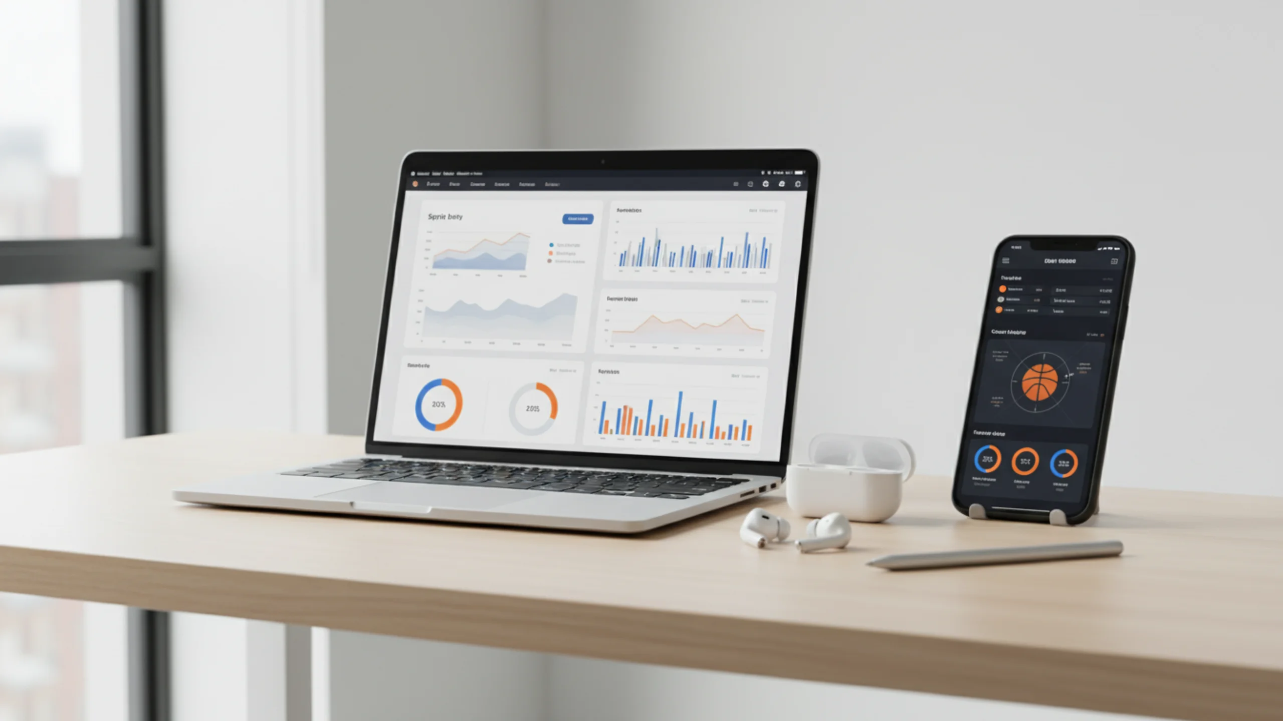 Setup moderno di analisi sportiva con smartphone e laptop che mostrano statistiche di basket