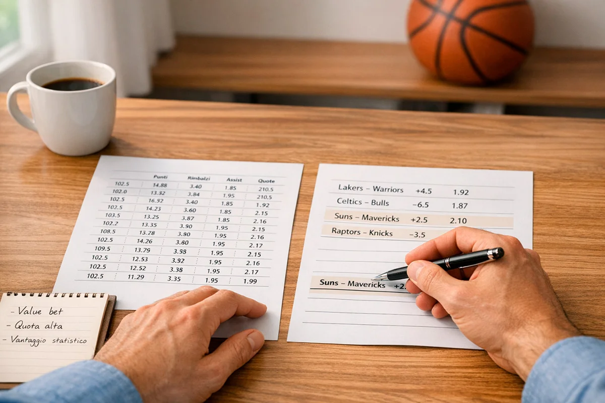 Persona concentrata che confronta appunti e dati sportivi su una scrivania ordinata