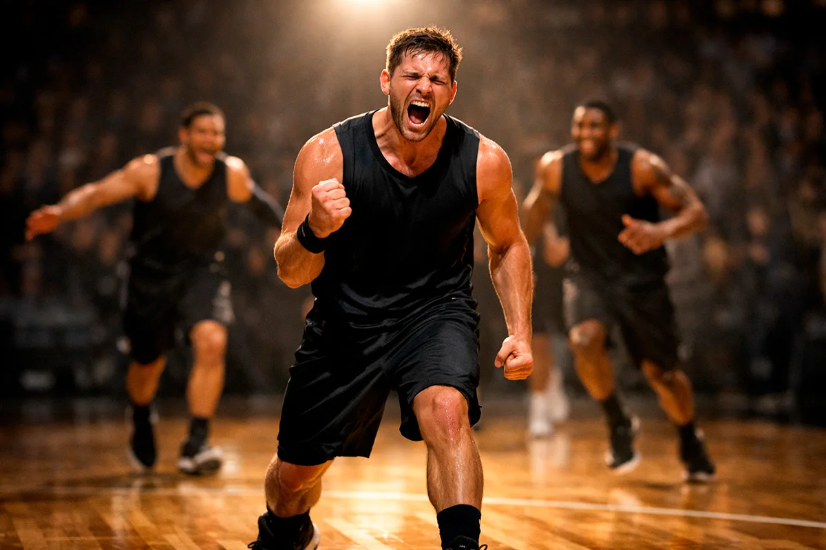Giocatore NBA che festeggia dopo un canestro decisivo in una partita di playoff